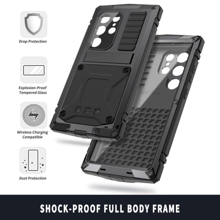 R-JUST - R-JUST Galaxy S25 Ultra Skal PC + Silikon + Metall Kickstand Svart