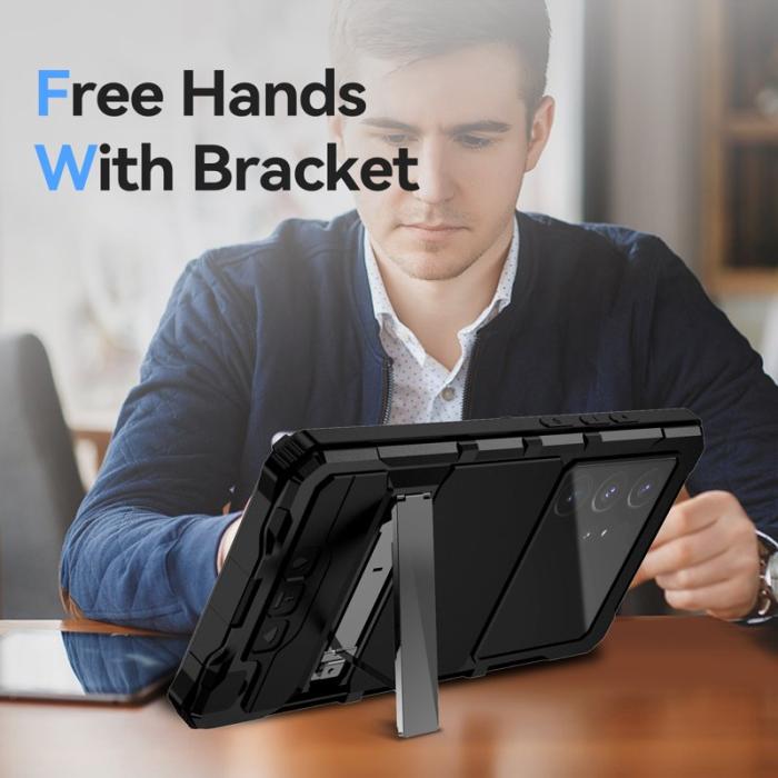 R-JUST - R-JUST Galaxy S25 Ultra Skal PC Silikon Metall Ställ - Svart