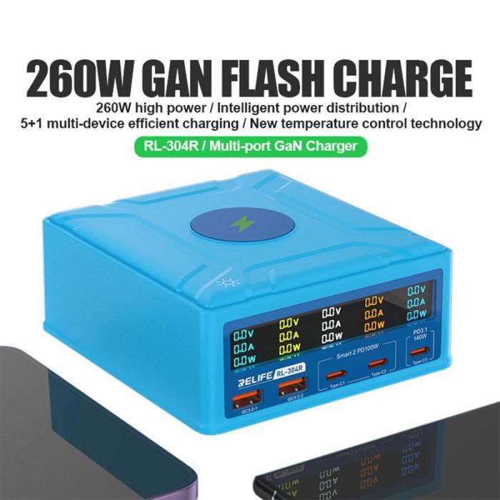 OEM - RELIFE RL-304R 260W GAN Laddare Multi-Port Snabbladdare 15W Trådlös LCD