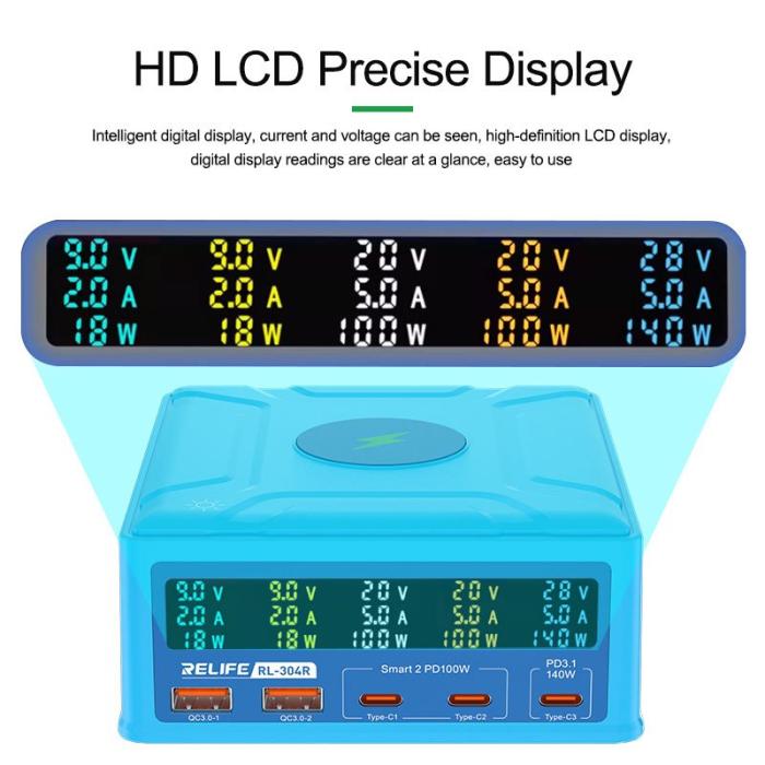 OEM - RELIFE RL-304R 260W GAN Laddare Multi-Port Snabbladdare 15W Trådlös LCD