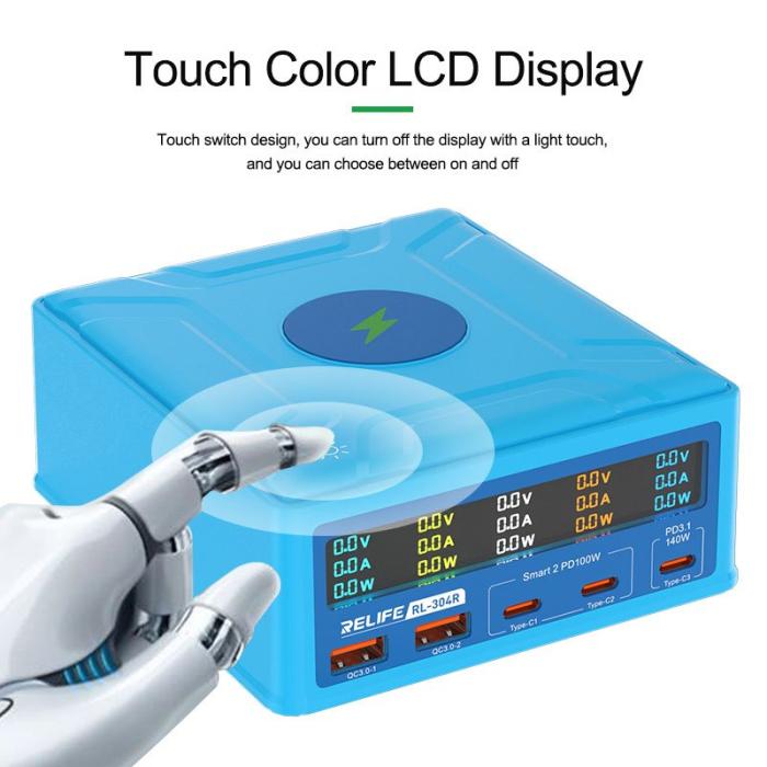 OEM - RELIFE RL-304R 260W GAN Laddare Multi-Port Snabbladdare 15W Trådlös LCD