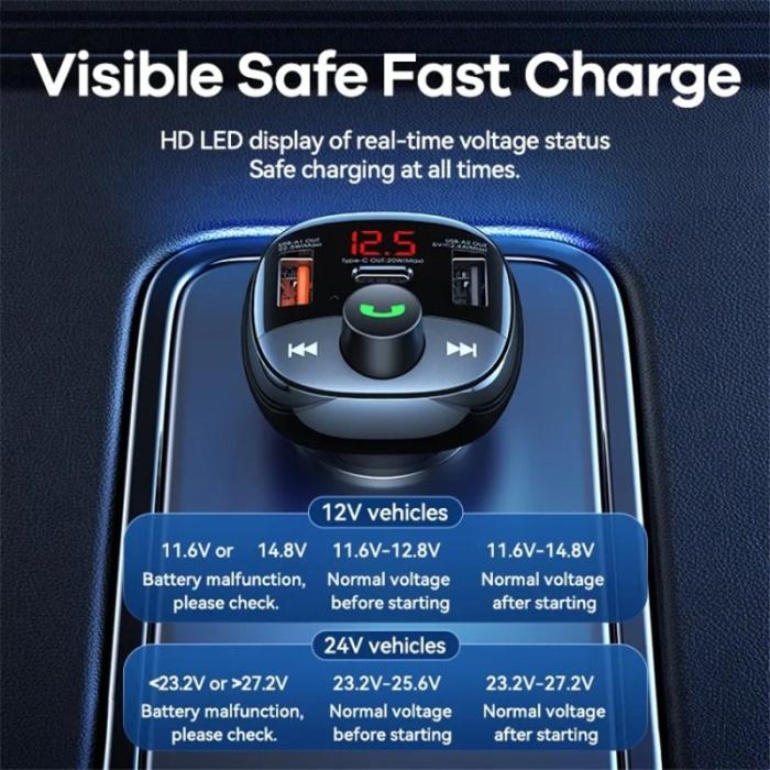 OEM - REMAX RCC331 LODI Multifunktionell Billaddare 54.5W 2 USB-A + 1 Type-C FM Radio