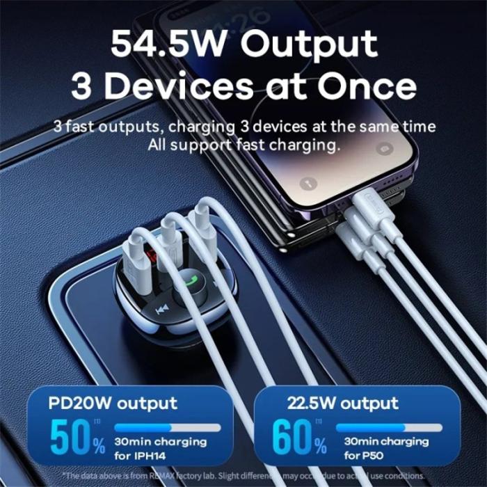 OEM - REMAX RCC331 LODI Multifunktionell Billaddare 54.5W 2 USB-A + 1 Type-C FM Radio