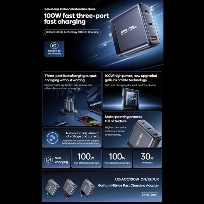 OEM - REMAX U2-ACC 100W Snabbladdare 100W med Type-C och USB-A, EU-kontakt