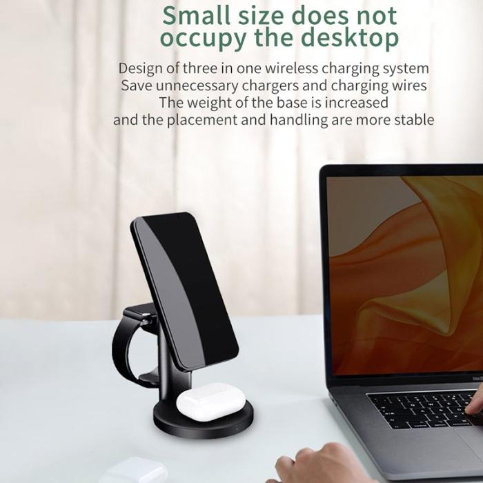 OEM - 3-i-1 15W Magnetisk Trådlös Laddare Ställ för iPhone 12 - Svart