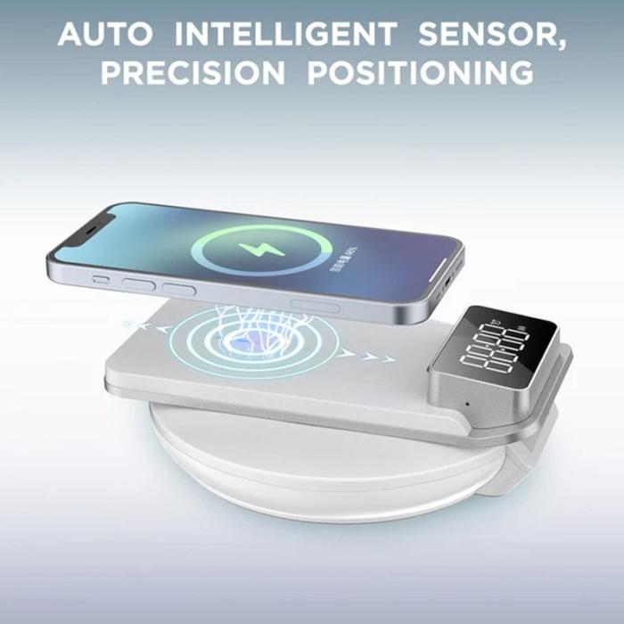 OEM - 3-i-1 LED väckarklocka med trådlös laddning 15W, dimbar nattlampa