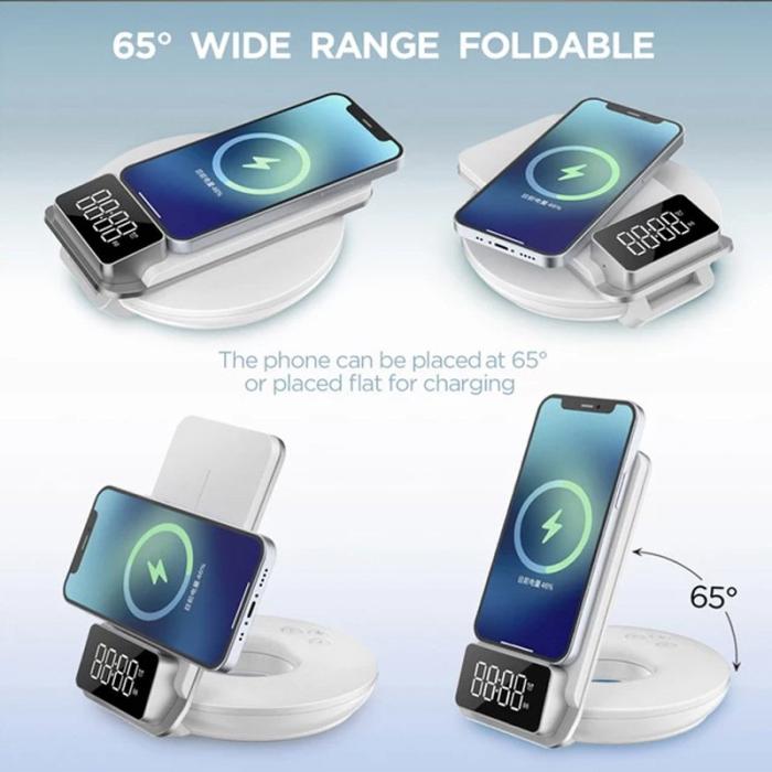 OEM - 3-i-1 LED väckarklocka med trådlös laddning 15W, dimbar nattlampa