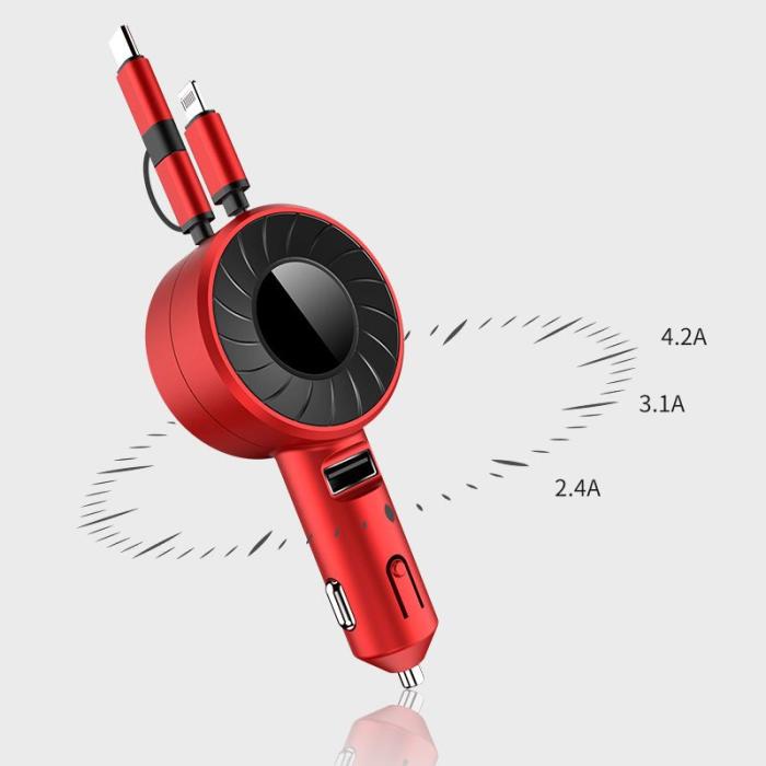 OEM - Snabbladdare 4.2A Biladapter med 3-i-1 teleskopkabel - Röd
