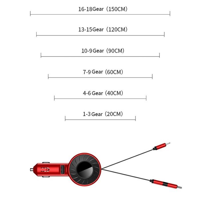 OEM - Snabbladdare 4.2A Biladapter med 3-i-1 teleskopkabel - Röd