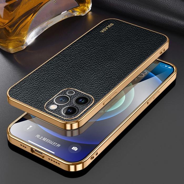 SULADA - SULADA iPhone 15 Pro Skal Litchi PU Läder Coated PC+TPU Svart