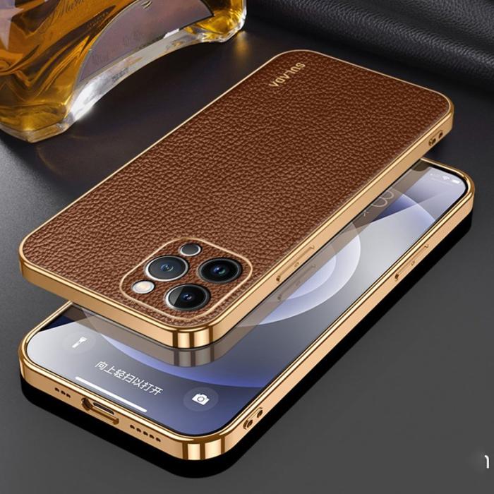 SULADA - SULADA iPhone 15 Pro Skal Litchi Textur PU Läder Kaffe