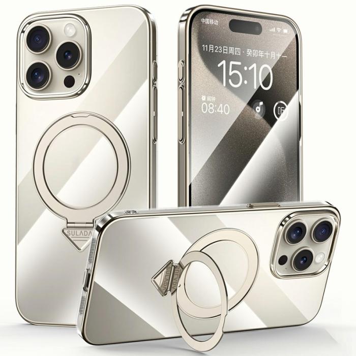 SULADA - SULADA iPhone 15 Pro Skal MagSafe Kickstand Klar PC Titan Grå