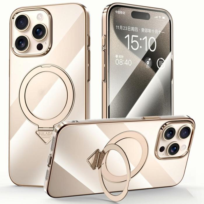 SULADA - SULADA iPhone 15 Pro Skal MagSafe Kickstand Klar PC Titanium Gold