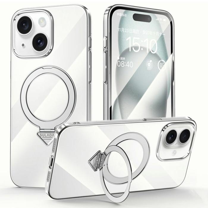 SULADA - SULADA iPhone 15 Skal MagSafe Fällbart Ställ Klart PC Titanium Silver