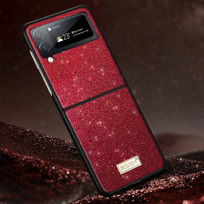 SULADA - SULADA Galaxy Z Flip4 5G Glitter Skal Röd PU Läder
