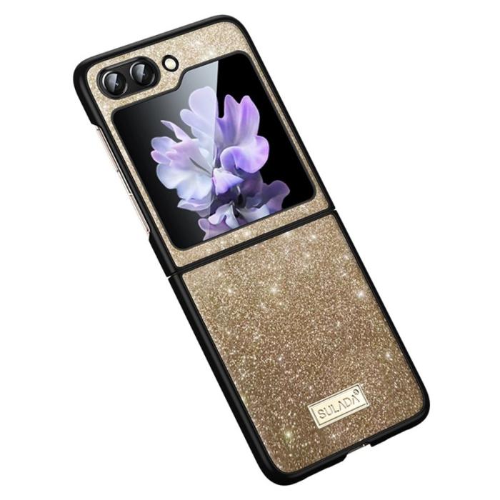 SULADA - SULADA Galaxy Z Flip5 Glitter Skal PU Läder Guld