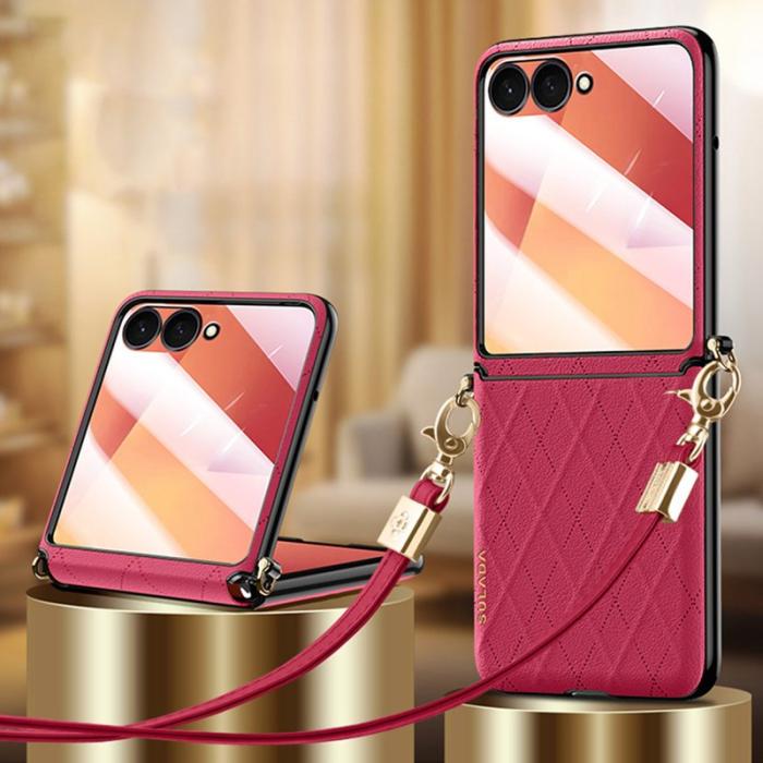 SULADA - SULADA Galaxy Z Flip7 Fodral Rhombus Läder+PC Röd