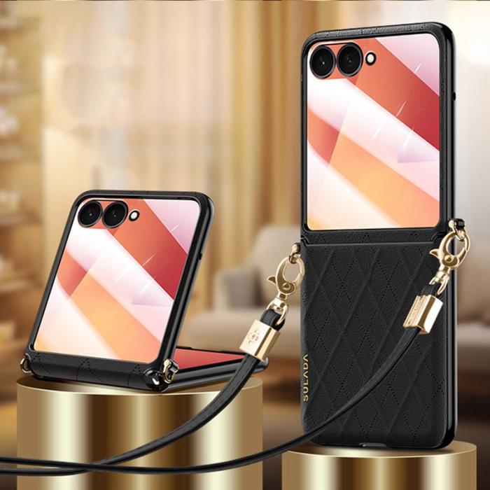 SULADA - SULADA Galaxy Z Flip7 Fodral Rhombus Läder+PC Svart