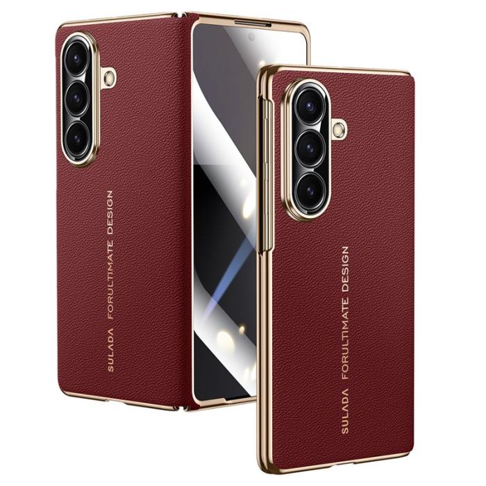 SULADA - SULADA Galaxy Z Fold7 5G Skal Äkta Läder Vinröd
