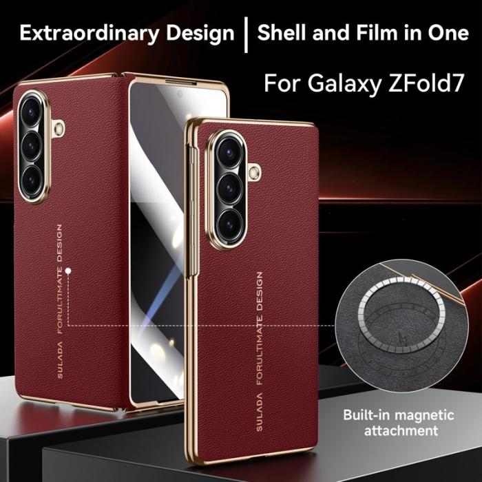 SULADA - SULADA Galaxy Z Fold7 5G Skal Äkta Läder Vinröd