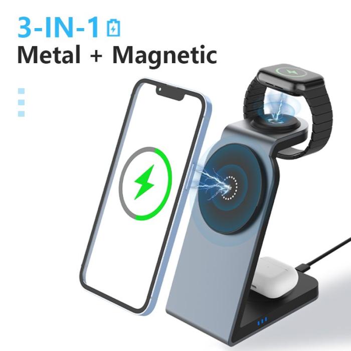 OEM - SW18 Magnetisk 3-i-1 Metall Trådlös Laddare för Telefon, Hörlurar, Klocka
