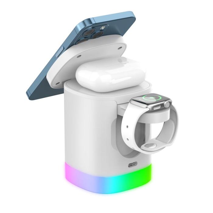 OEM - T15 3-i-1 Magnetisk Trådlös Laddare med Fällbar Ställning - Vit RGB-ljus