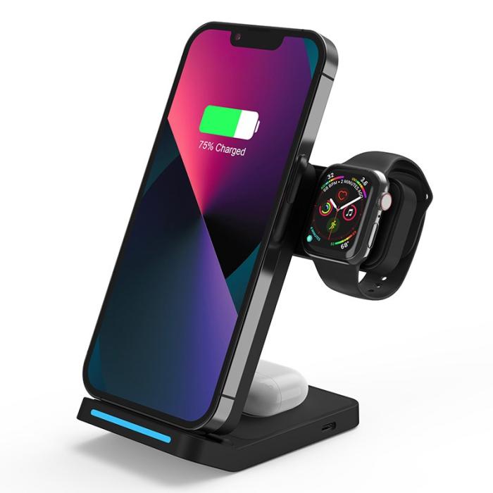 OEM - T19 3-i-1 Fällbar Trådlös Laddare 15W Bärbar Ställning - Svart