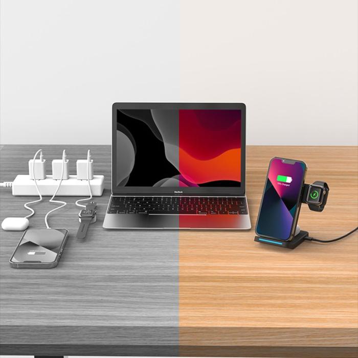 OEM - T19 3-i-1 Fällbar Trådlös Laddare 15W Bärbar Ställning - Svart