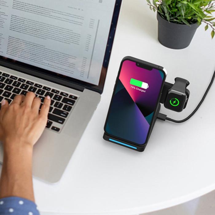 OEM - T19 3-i-1 Fällbar Trådlös Laddare 15W Bärbar Ställning - Svart