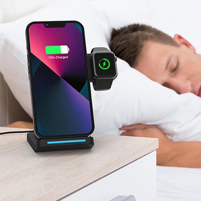 OEM - T19 3-i-1 Fällbar Trådlös Laddare 15W Bärbar Ställning - Svart