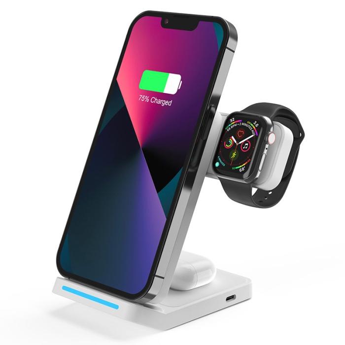 OEM - T19 3-i-1 Fällbar Trådlös Laddare 15W Bärbar Ställning - Vit