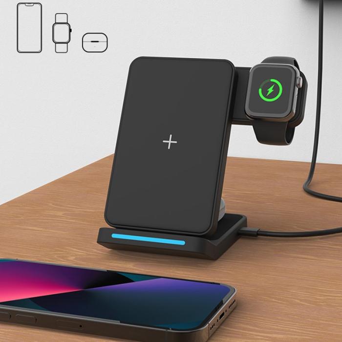 OEM - T19 3-i-1 Fällbar Trådlös Laddare 15W Bärbar Ställning - Vit