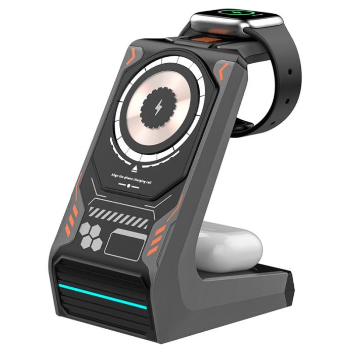 OEM - T21 3-i-1 Trådlös Laddningsstation för Mobil/Klocka/Hörlurar - Grå