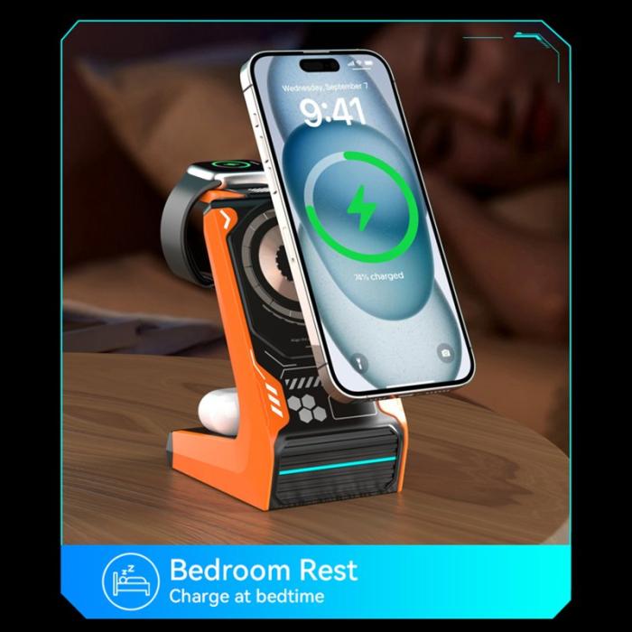 OEM - T21 3-i-1 Trådlös Laddningsstation för Mobil/Klocka/Hörlurar - Grå