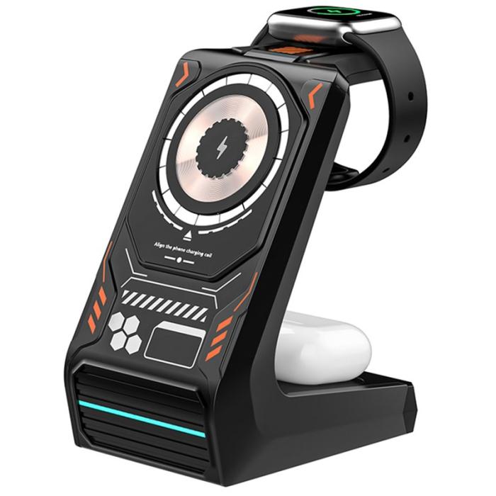 OEM - T21 3-i-1 Trådlös Laddningsstation Mecha för Mobil / Klocka / Hörlurar - Svart