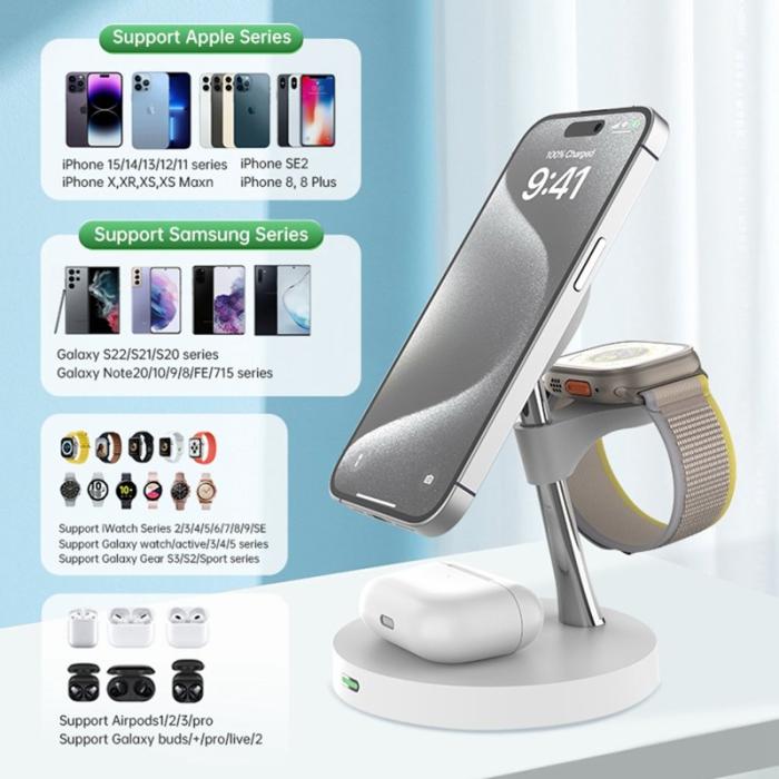 OEM - T269D 15W Magnetisk Trådlös Laddare för Telefon, Klocka, Hörlurar - Vit