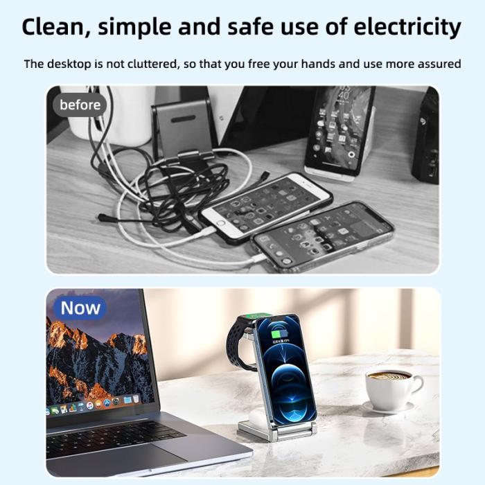 OEM - T30 4-i-1 Trådlös Laddningsstation Ställ Multifunktionell Fällbar - Vit