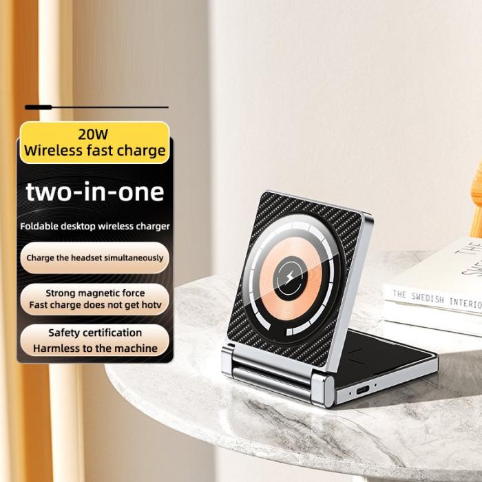 OEM - T35 15W Fällbar Magnetisk Trådlös Laddare 2-i-1 Telefon Hörlursdocka - Svart