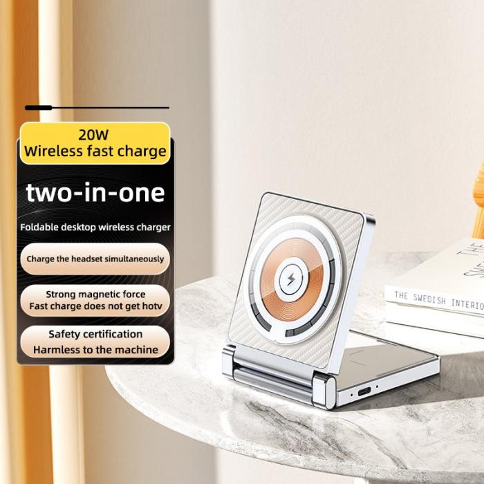 OEM - T35 15W Fällbar Magnetisk Trådlös Laddare 2-i-1 - Vit