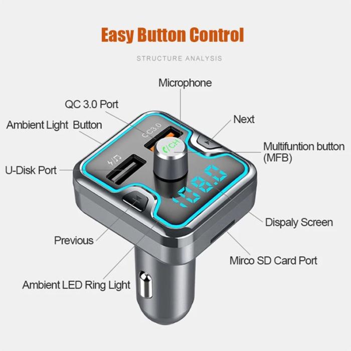 OEM - T45Q Bluetooth 5.0 FM-sändare bilkit med QC3.0 snabbladdare, svart