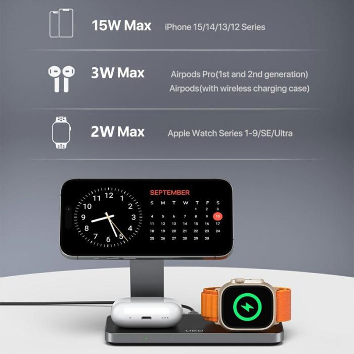 OEM - T8 3-i-1 Trådlös Laddningsstation för iPhone 15-12 / Apple Watch / Airpods