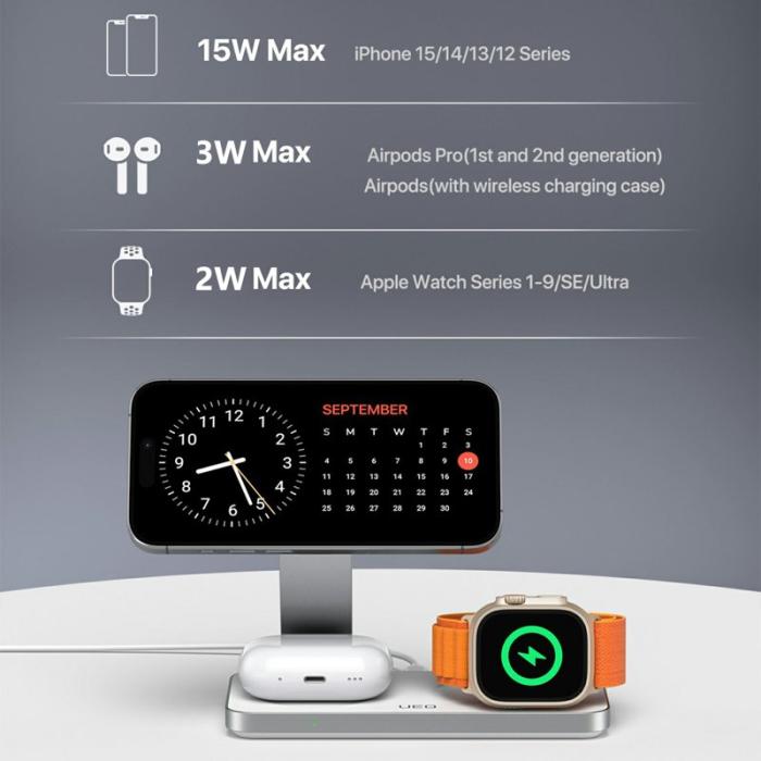 OEM - T8 3-i-1 Trådlös Laddningsstation för iPhone 15-12 / Apple Watch / Airpods