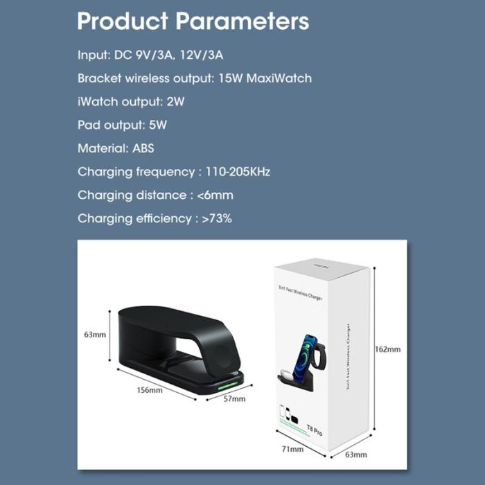 OEM - T8 Pro 3-i-1 Trådlös Laddare för iPhone/iWatch/AirPods 15W Svart