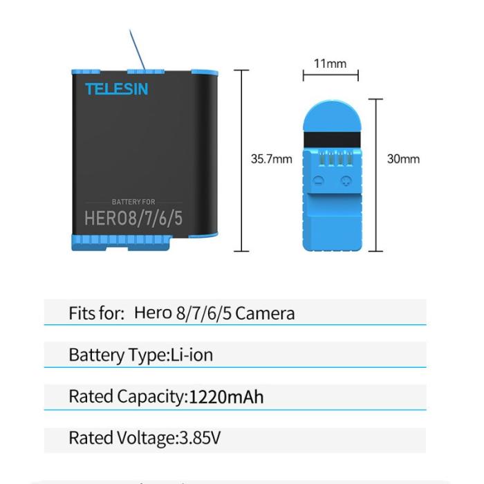 TELESIN - Telesin GP-BTR-801 1220mAh Batteri till GoPro Hero 5/6/7/8