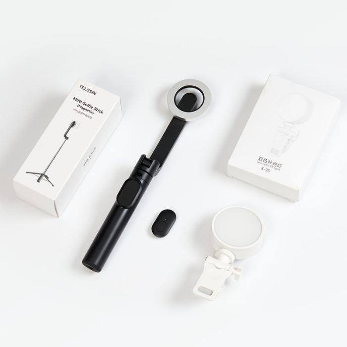 TELESIN - TELESIN K-36 Selfie Stick Tripod med Fyllljus Svart