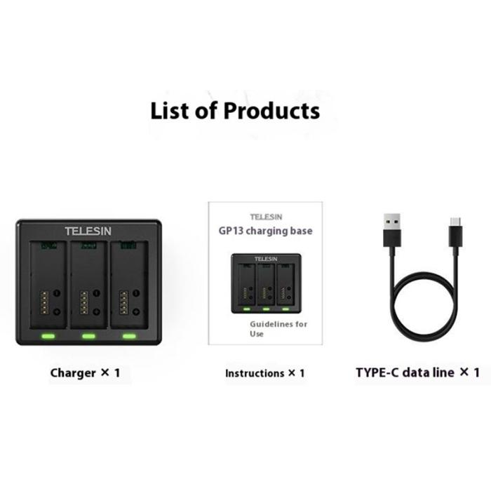 TELESIN - TELESIN S0-BCG-1 GoPro Hero 13 Laddningsdocka 3 Slots Svart