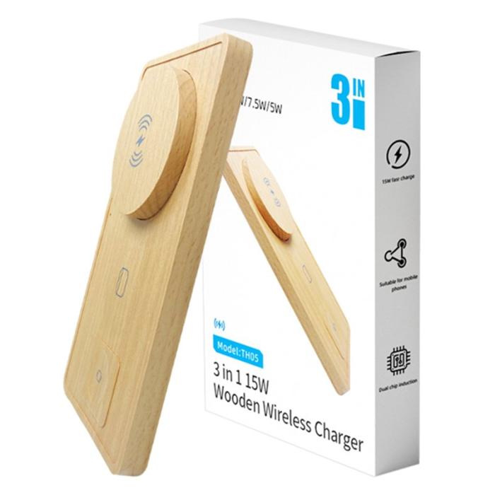 OEM - TH05 Ultra tunn 3-i-1 trådlös laddare 15W för telefon, hörlurar, klocka