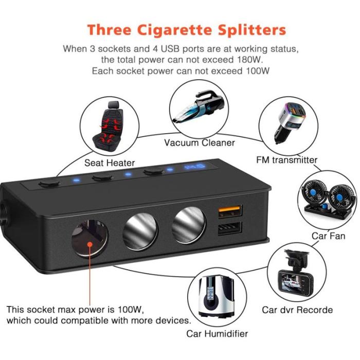 OEM - TR24 Högpresterande Billaddare 3 Cigarette Lighter Uttag 4 USB Portar