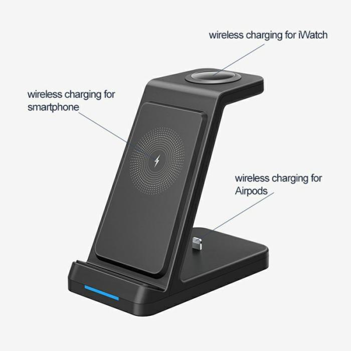 OEM - Trådlös 3-i-1 laddare för Airpods, mobiltelefon och smartwatch - Svart