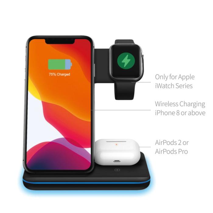 OEM - Trådlös 3-i-1 Laddare Ställ för iPhone/Apple Watch/Airpods - Svart